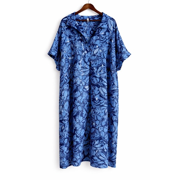 Belle Isle Dresses & Skirts - Belle Asle Blue Floral Organic Linen Midi Caftan Dress Short Sleeve Pocket